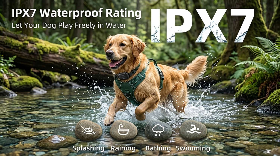 IPX7 waterproof rating dog training collar on a Golden Retriever playing freely in the water, perfect for splashing, raining, and swimming.
