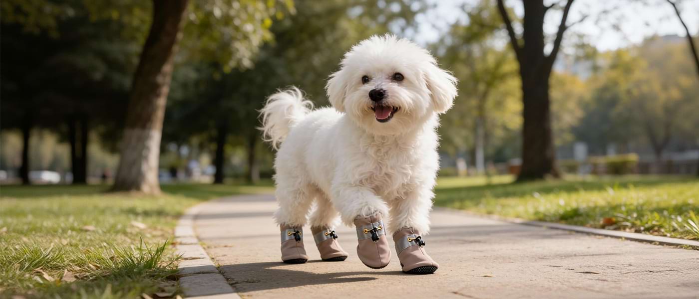 White Bichon Frise walking comfortably on a park path wearing Dog Sock Shoes in Khaki, protecting paws from rough pavement without restricting movement.