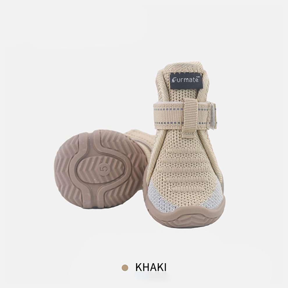 Khaki Mesh Dog Boots featuring a breathable knitted upper and flexible soft sole for natural paw movement.