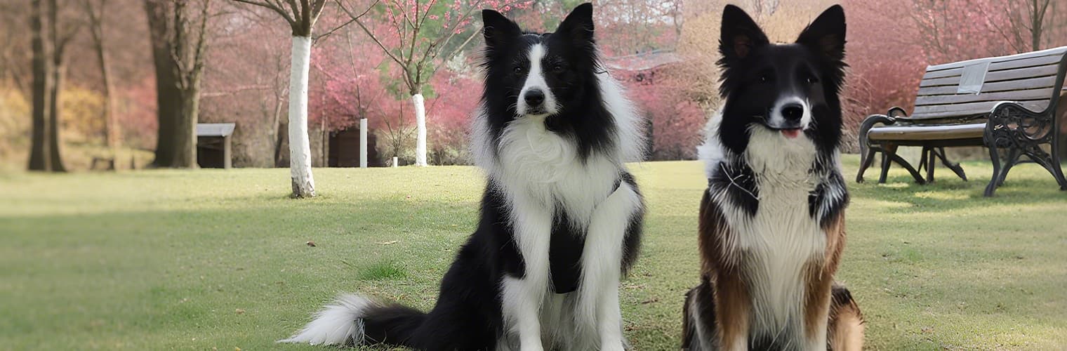 Two large breed dogs sitting on grass waiting during outdoor walk with leash