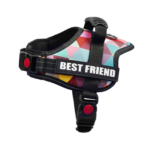 Large Dog Harness featuring a vibrant geometric pattern and a customizable BEST FRIEND Velcro patch for stylish and safe daily walks.