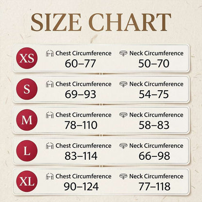 Size chart for the no pull dog harness, detailing chest and neck circumference measurements from XS to XL for a precise fit.