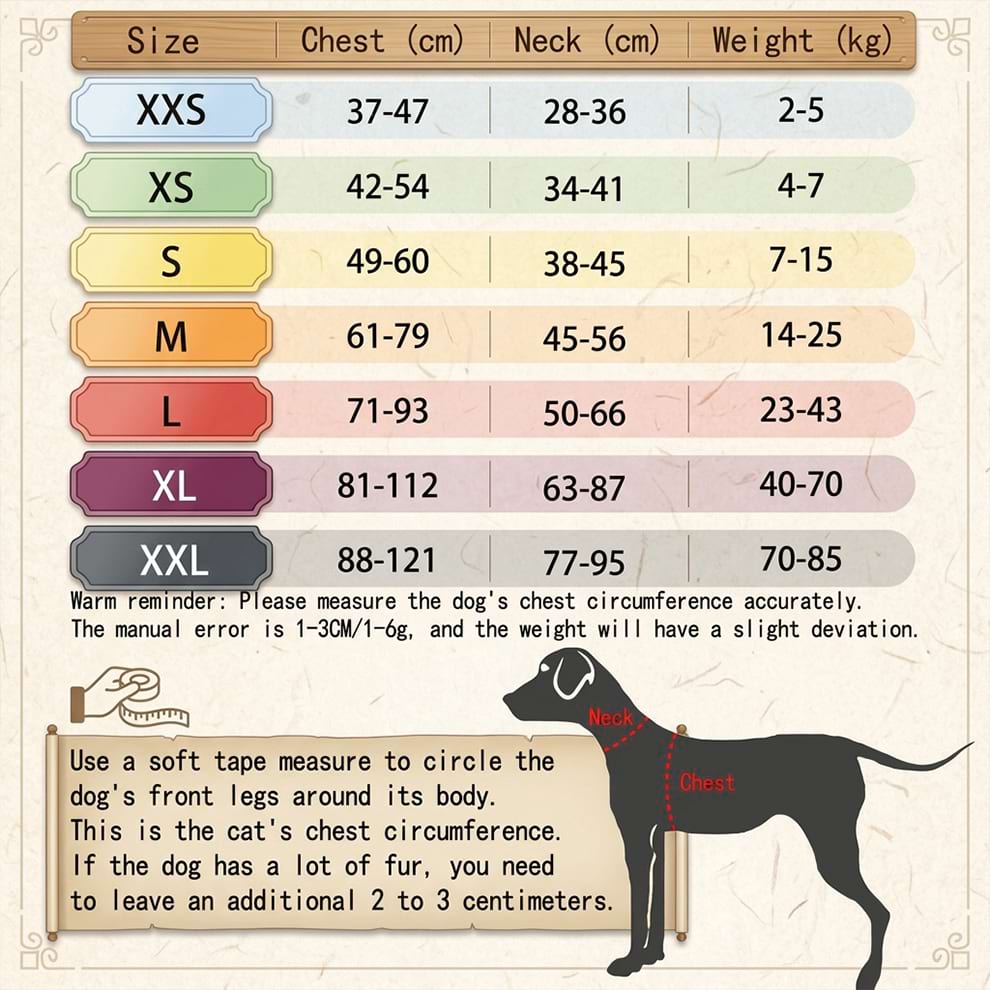 Comprehensive size chart for the large dog harness, ranging from XXS to XXL to ensure a perfect, close-fitting wear for all breeds.