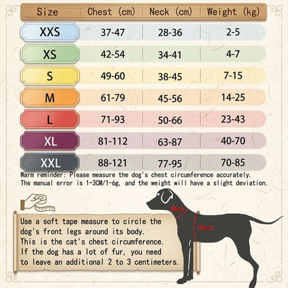 Comprehensive size chart for the large dog harness, ranging from XXS to XXL to ensure a perfect, close-fitting wear for all breeds.