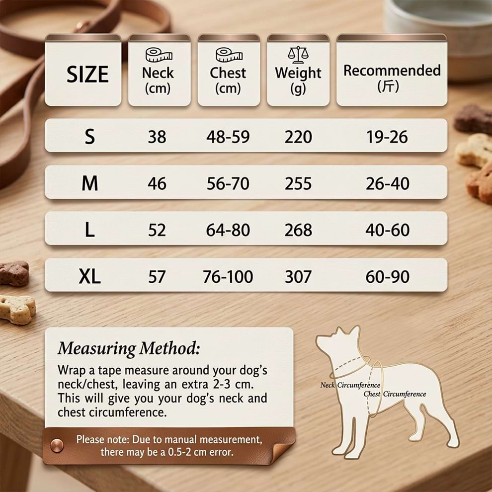 Detailed size chart for the saddle bag harness for dogs, providing precise neck, chest, and weight measurements from Size S to XL.