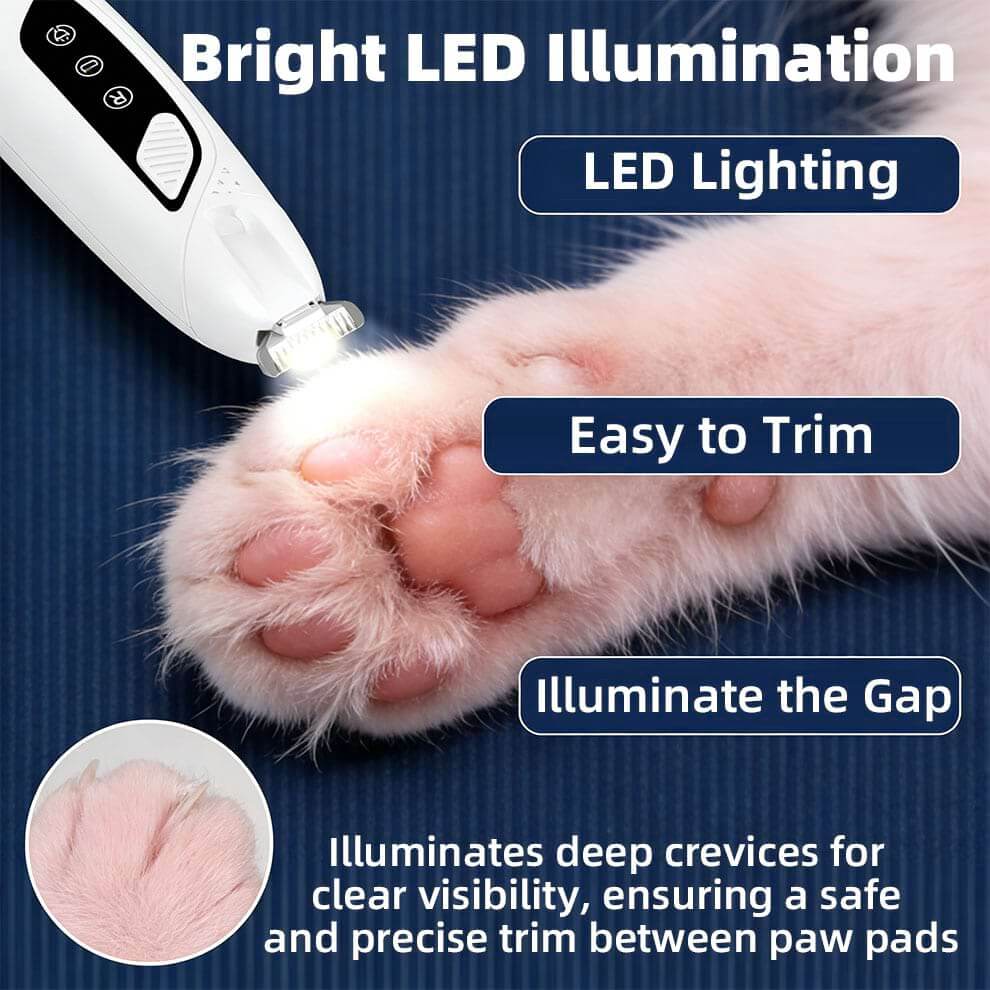 Bright led dog nail clippers light illuminating the deep crevices between paw pads for a safe and precise trim in dark spots.