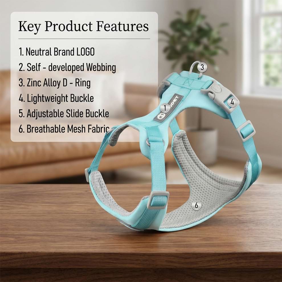 Key features of the dog harness and leash set, including a zinc alloy D-ring, lightweight buckle, and breathable mesh fabric.