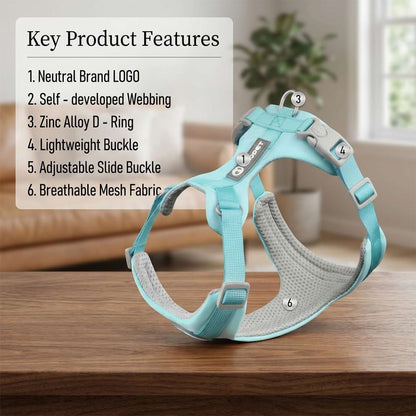 Key features of the dog harness and leash set, including a zinc alloy D-ring, lightweight buckle, and breathable mesh fabric.