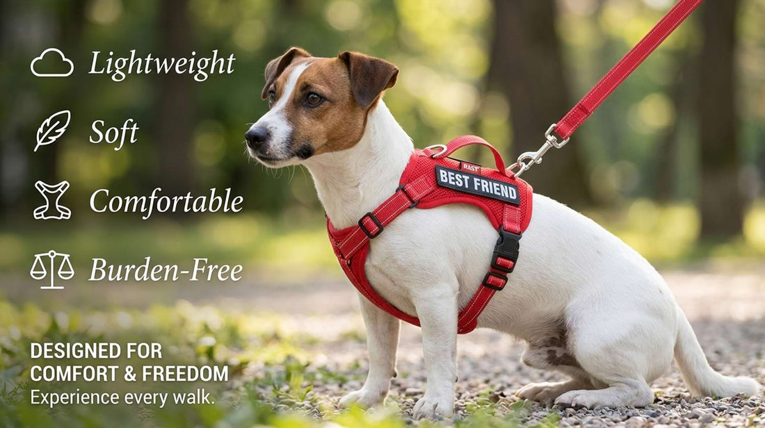 Lightweight and burden-free dog walking harness on a Jack Russell Terrier, designed for ultimate comfort and freedom on every walk.