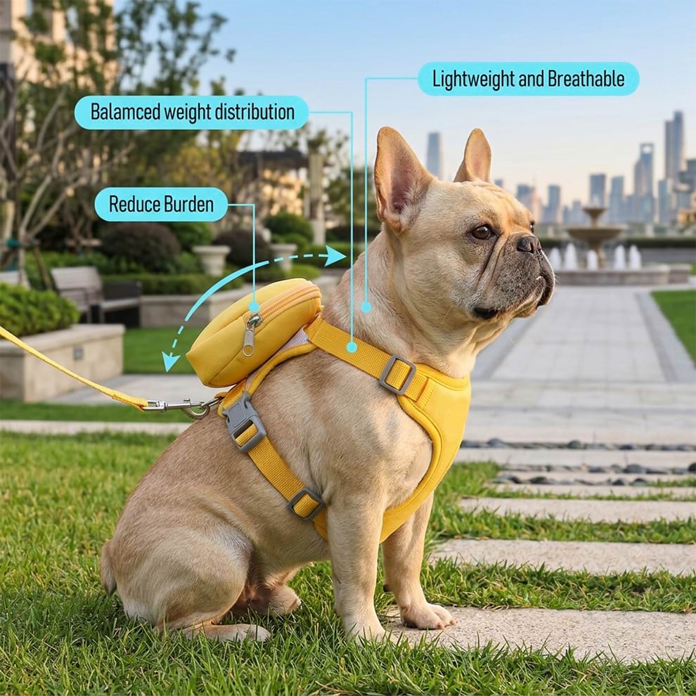 Lightweight and breathable dog backpack harness worn by a French Bulldog, ensuring balanced weight distribution to reduce burden.