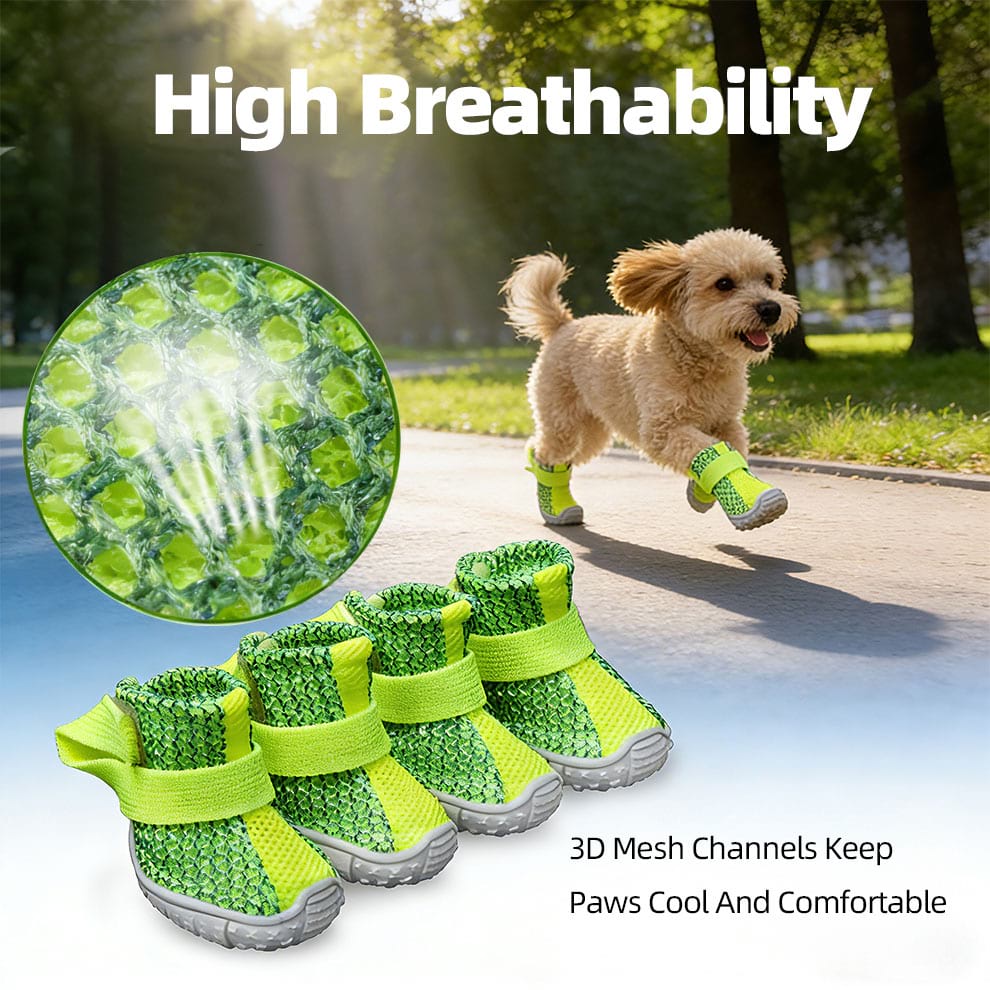 Close up of 3D mesh channels on Lightweight Dog Shoes that keep paws cool while running.