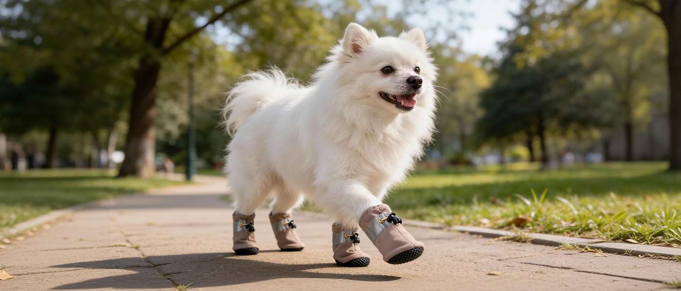 Small white dog enjoying a stroll in Lightweight Dog Shoes. The natural earth tone blends well with the fur while providing a barrier against dirt.