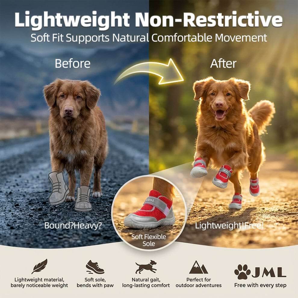 Visual comparison showing lightweight design of Dog Shoes for Asphalt for natural movement.