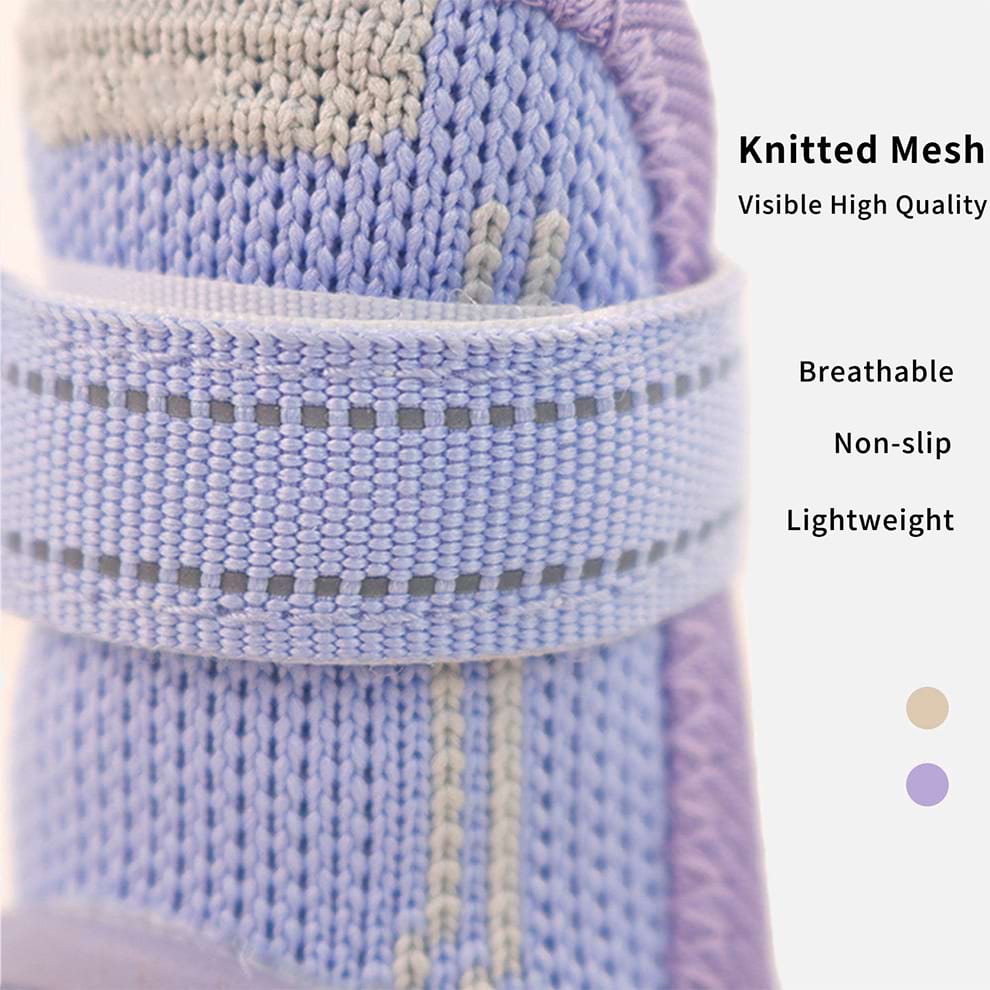 Close up of purple Puppy Booties showing high-quality knitted mesh that is lightweight and visible for safety.
