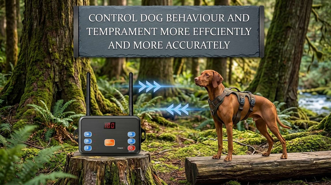 Long-range wireless dog fence transmitter sending signals to a Vizsla in a forest, ensuring efficient and accurate behavior control outdoors.