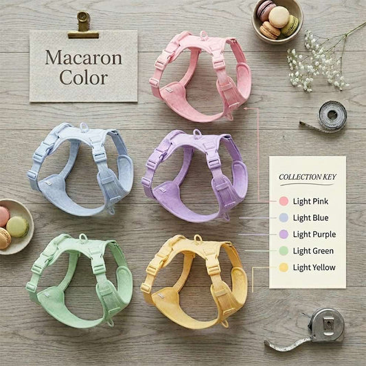 Macaron color dog harness collection, offering beautiful pastel shades like light pink, blue, purple, green, and yellow for stylish pets.
