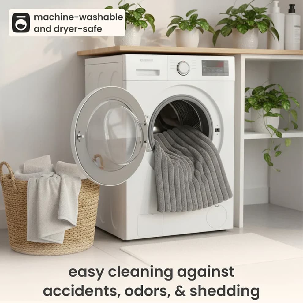 Grey pet mat being removed from a washing machine, highlighting the easy-to-clean and dryer-safe feature of this self heating cat bed.