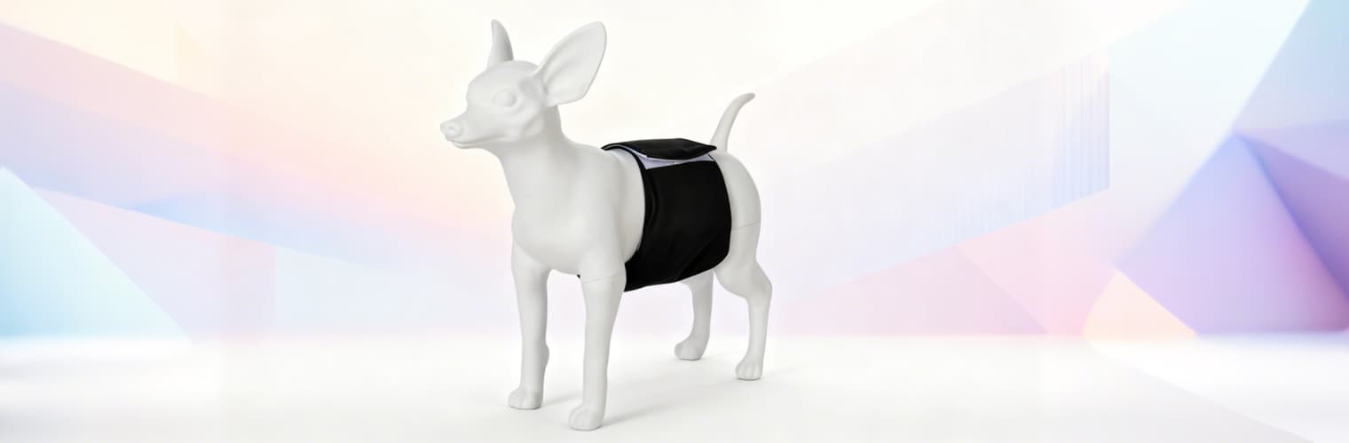 Black male dog diaper worn on white dog mannequin side view