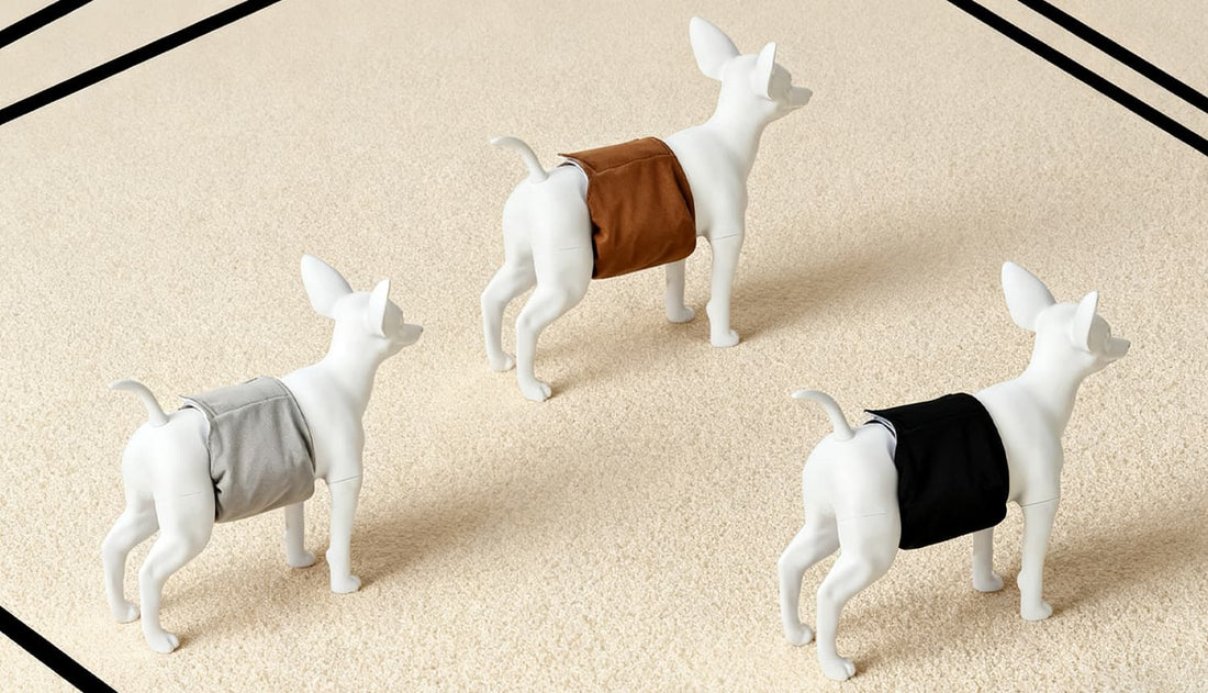 Male dog diapers in gray, brown, and black shown on dog mannequins