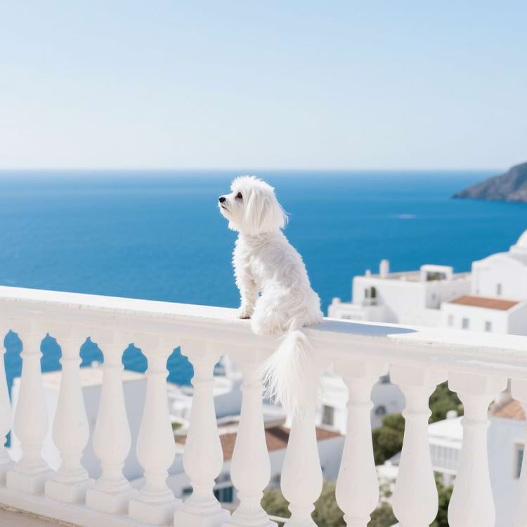 Small white Maltese dog overlooking the ocean from a balcony - Sovelivee Dog Travel.