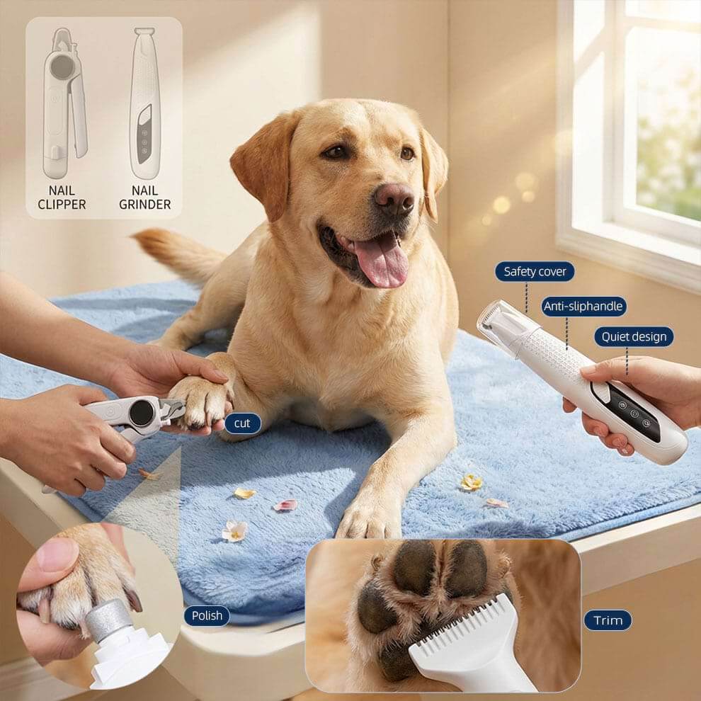 Comparison of the set components: a manual stainless steel clipper for cutting and an electric dog nail grinder for polishing and smoothing.