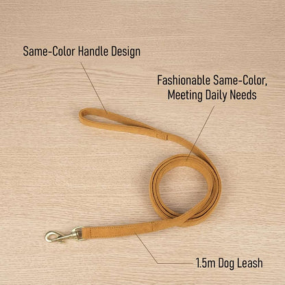 Matching color dog leash measuring 1.5m, featuring a comfortable suede handle design for daily walks and stylish pet coordination.