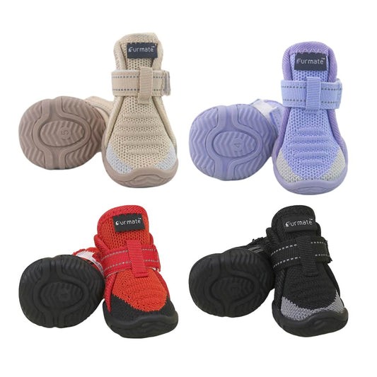 Mesh Dog Boots in beige featuring breathable fly-knit fabric and soft rubber soles for small dogs.