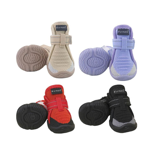 Mesh Dog Boots available in four stylish colors, featuring breathable fly-knit fabric and non-slip rubber soles for ultimate paw protection.