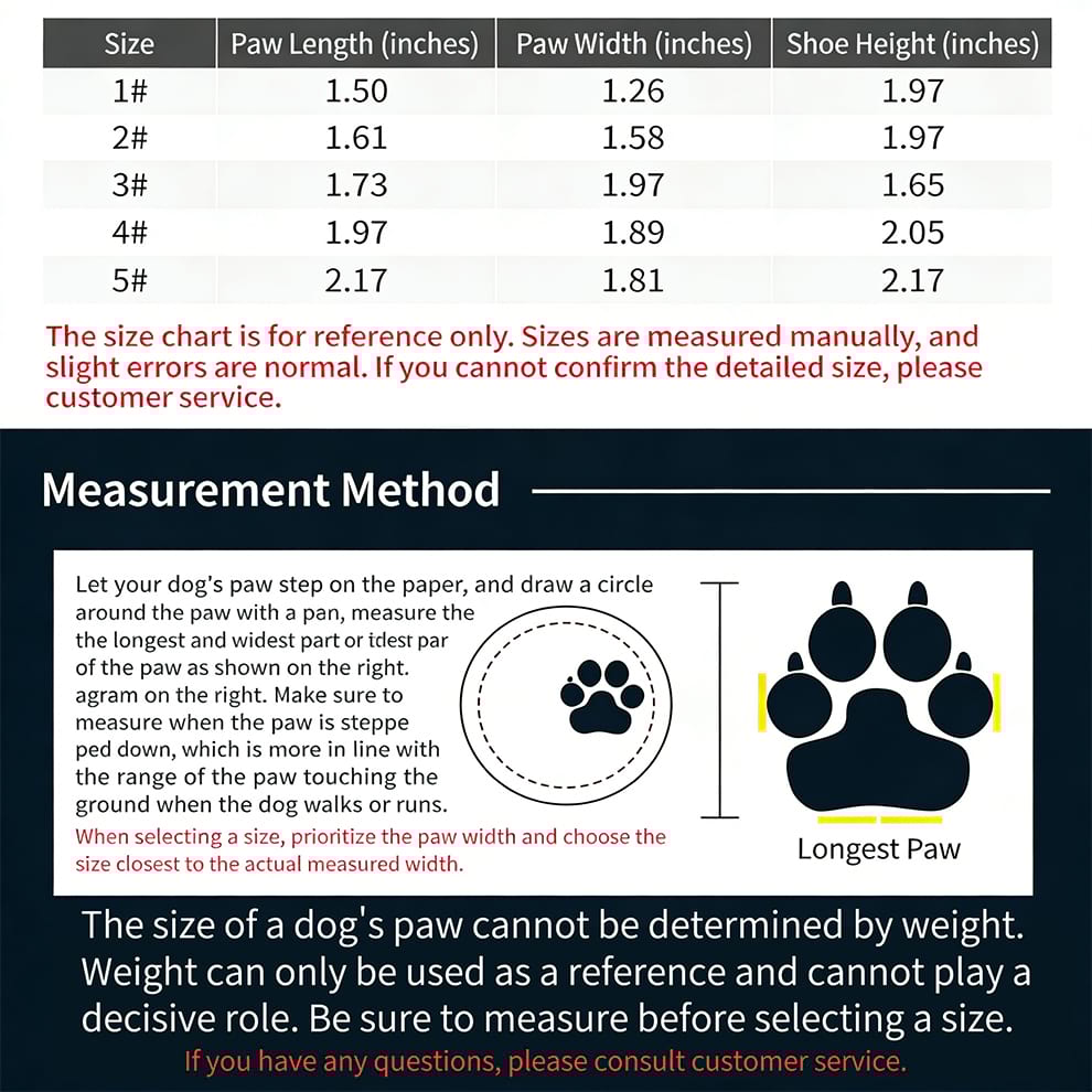 Size chart and measurement guide for Mesh Dog Boots showing paw length and width to ensure the perfect fit for your pet.