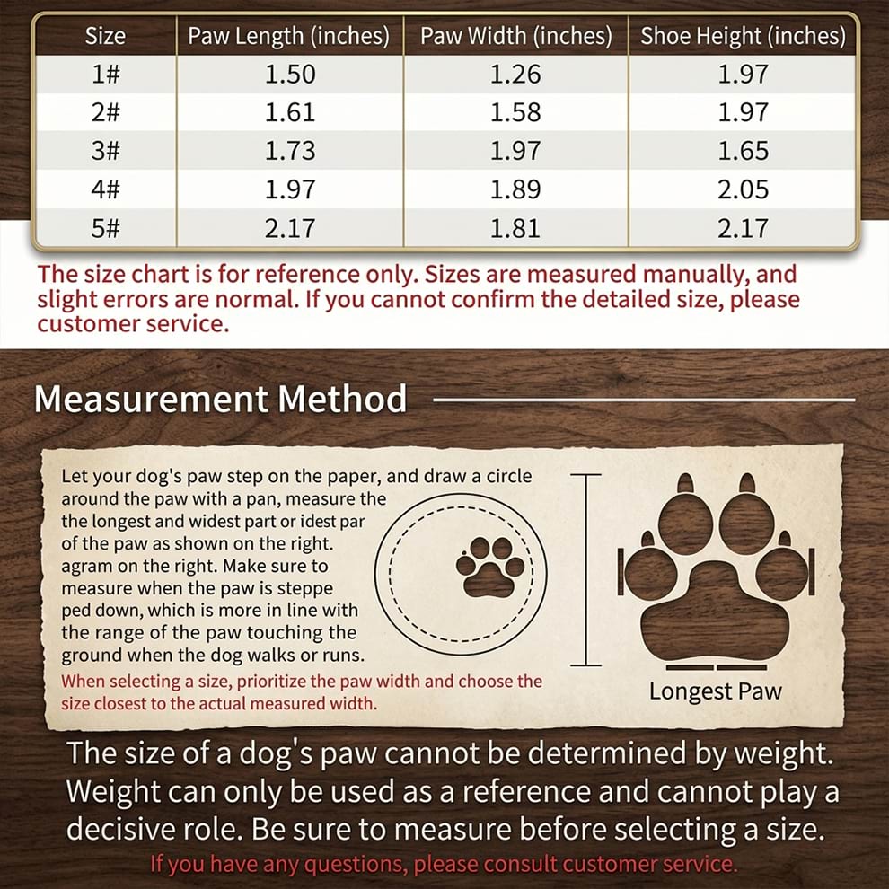 Mesh dog boots size chart and measurement method, guiding owners to measure paw width and length accurately for the perfect fit.