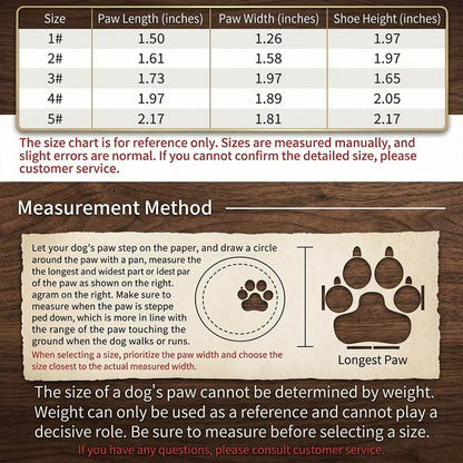 Mesh dog boots size chart and measurement method, guiding owners to measure paw width and length accurately for the perfect fit.