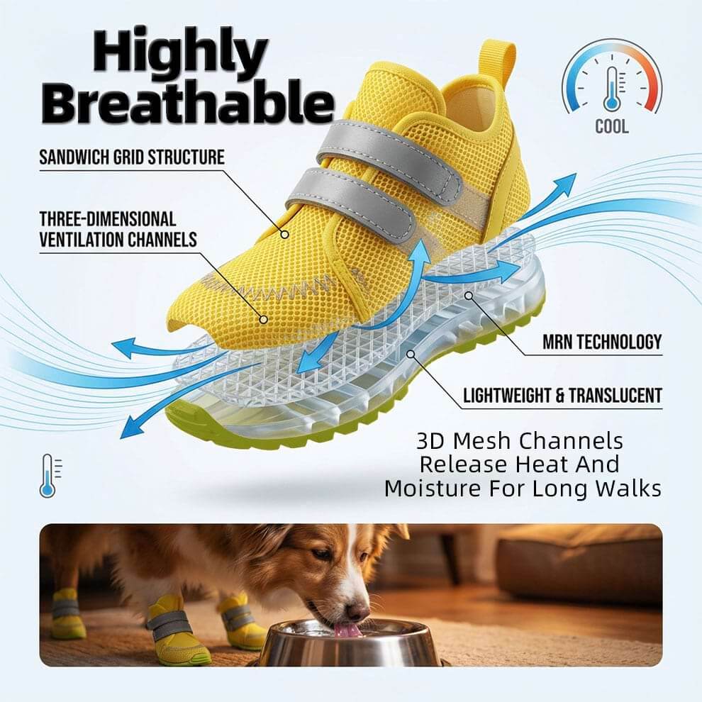 Diagram of mesh dog shoes showing 3D ventilation channels for cooling paws.