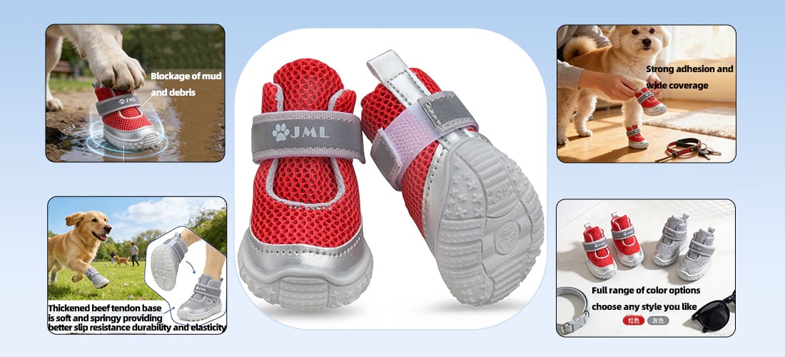 Feature breakdown of Mesh Dog Shoes showing mud protection, secure velcro adhesion, and a thickened sole for Summer Dog Boots.