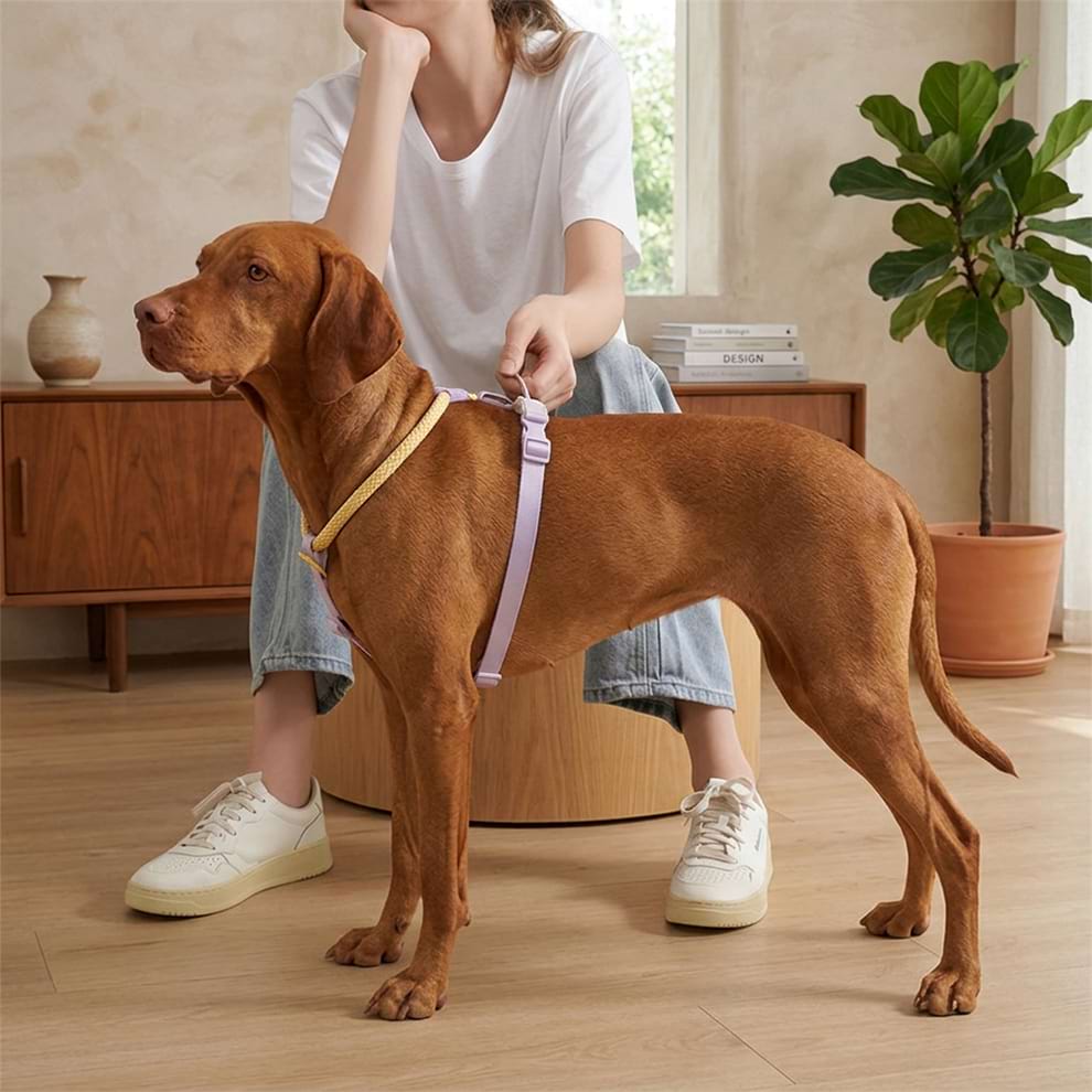 Minimalist dog walking gear worn by a cute dog indoors, showcasing the comfortable fit and stylish look of the purple and yellow harness set.
