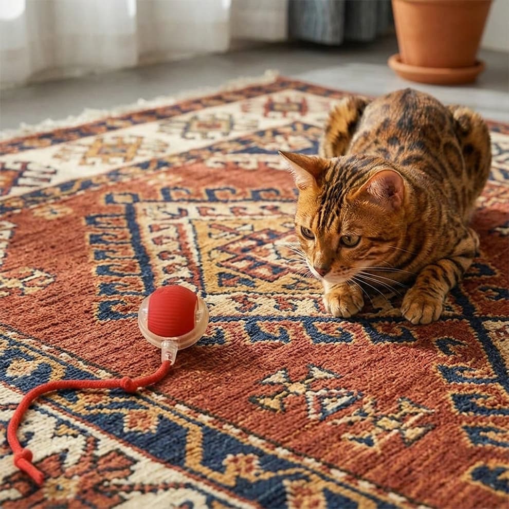 Moving cat enrichment toy capturing the full attention of a Bengal cat, perfect for stimulating stalking and hunting behaviors.