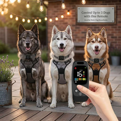 Multi-dog training collar system allowing you to control up to 3 dogs with one remote, ideal for multi-dog households with Huskies.