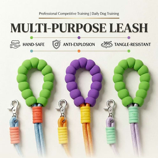 Multi-purpose climbing rope dog leash designed to be hand-safe, shock-absorbing, and 360-degree tangle-resistant for daily training.