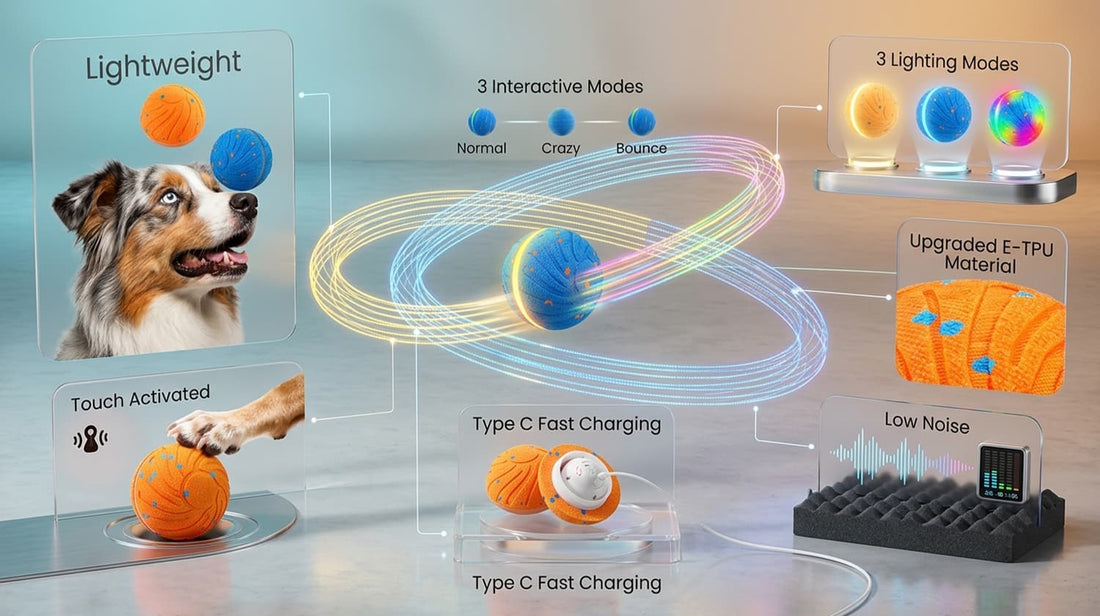 Multifunctional electronic dog ball highlighting its lightweight design, low noise operation, fast charging, and touch-activated interactive modes.
