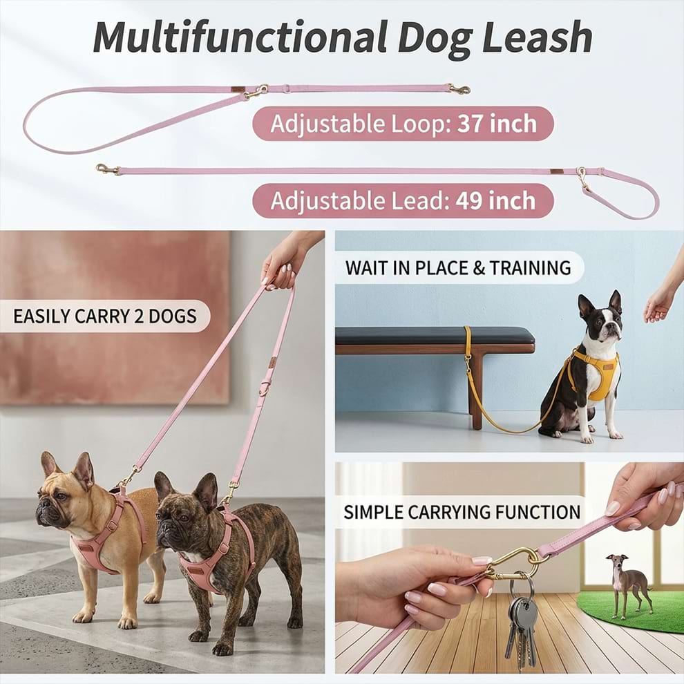 Multifunctional hands-free dog leash with adjustable loops, perfect for walking two dogs, wait-in-place training, or simple carrying.
