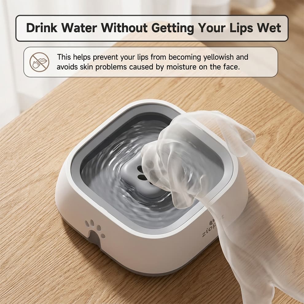 Muzzle-dry dog water bowl that allows pets to drink without getting their lips wet, preventing fur yellowing and moisture-related skin issues.