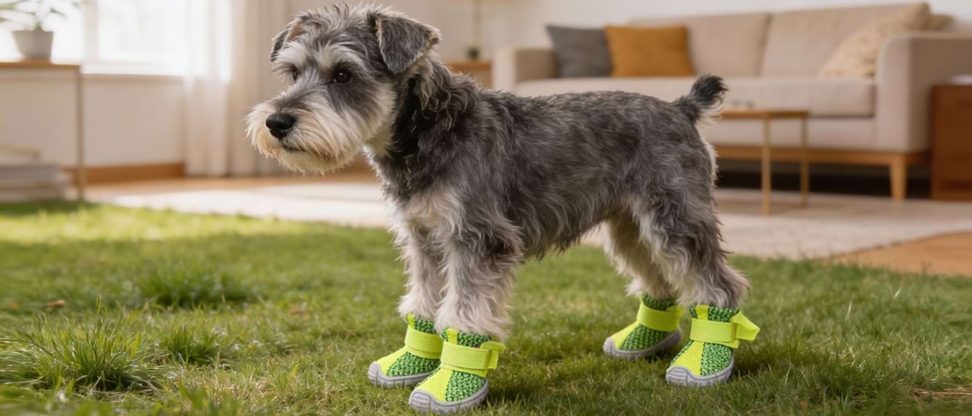 Schnauzer standing on grass wearing Neon Green Summer Dog Shoes, highlighting the breathable mesh design.