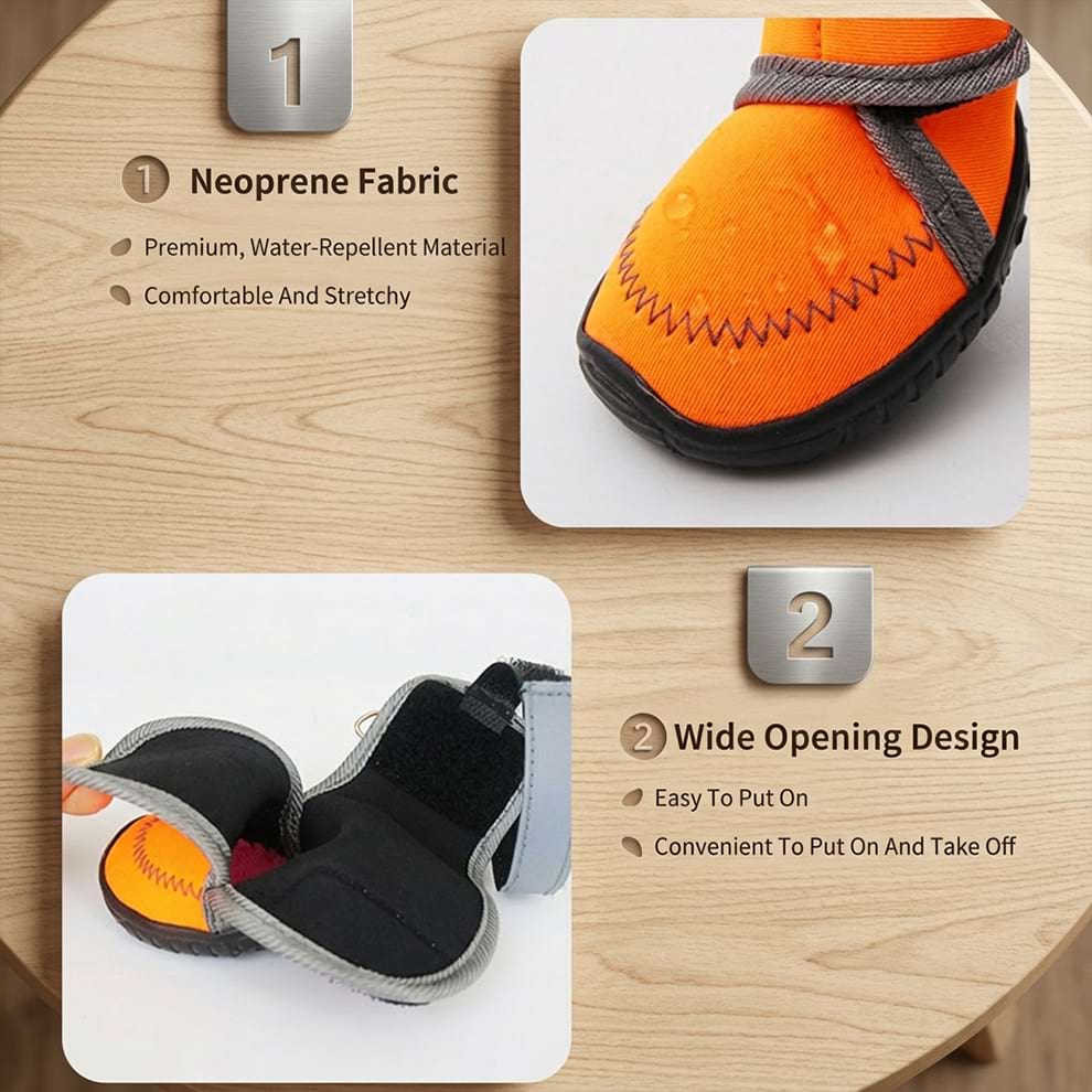Neoprene dog shoes made of premium water-repellent fabric, featuring a wide opening design that makes them incredibly easy to put on.