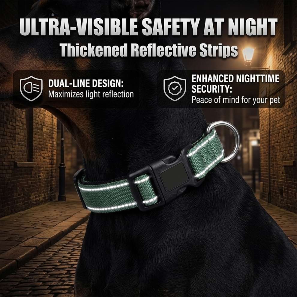 Night safety reflective dog collar demonstrating ultra-visible dual-line design, providing enhanced security and peace of mind in the dark.