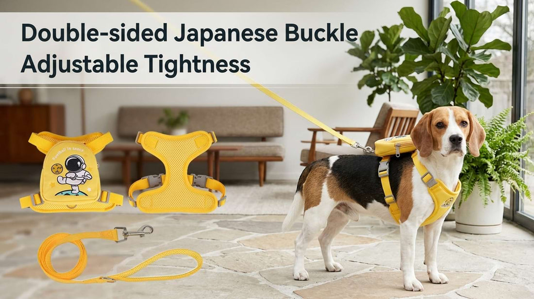 No-pull dog backpack harness worn by a Beagle, demonstrating the adjustable tightness and secure fit of the double-sided Japanese buckle.