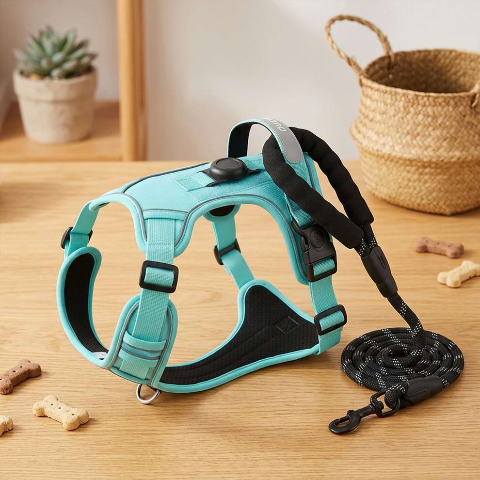 No-pull dog harness and matching leash set in turquoise, featuring a wide comfort handle and quick-release buckle for easy walking.