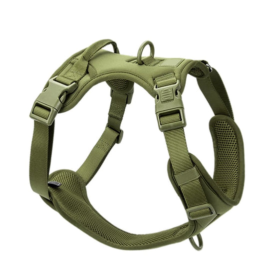 No pull dog harness in army green with durable nylon straps, front clip for control, and comfortable padded chest