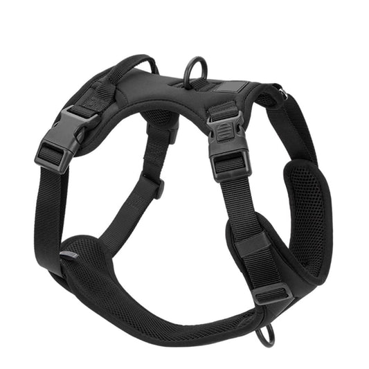 No pull dog harness in black featuring dual clip system, sturdy buckles, and control handle for training and safety