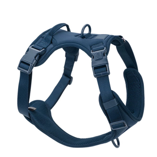 No pull dog harness in dark blue with adjustable straps, soft mesh lining, and ergonomic design for everyday comfort