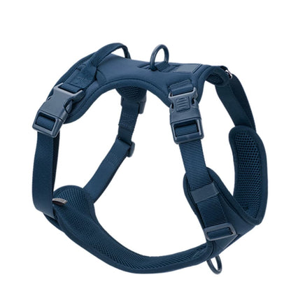 No pull dog harness in dark blue with adjustable straps, soft mesh lining, and ergonomic design for everyday comfort