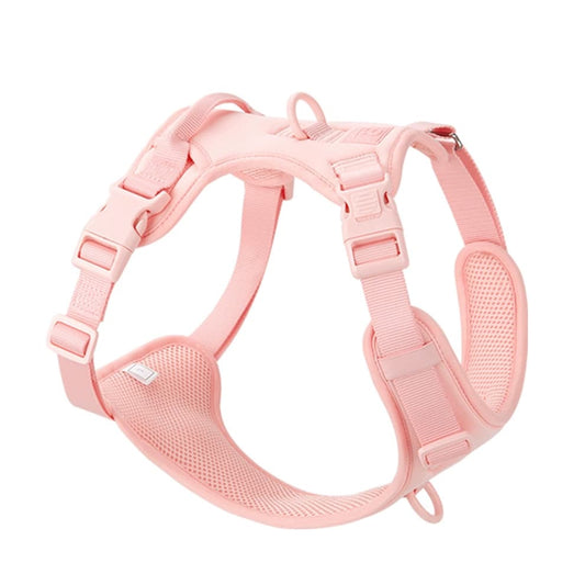 No pull dog harness in light pink featuring soft padded vest, front clip for training, and breathable mesh for everyday walks
